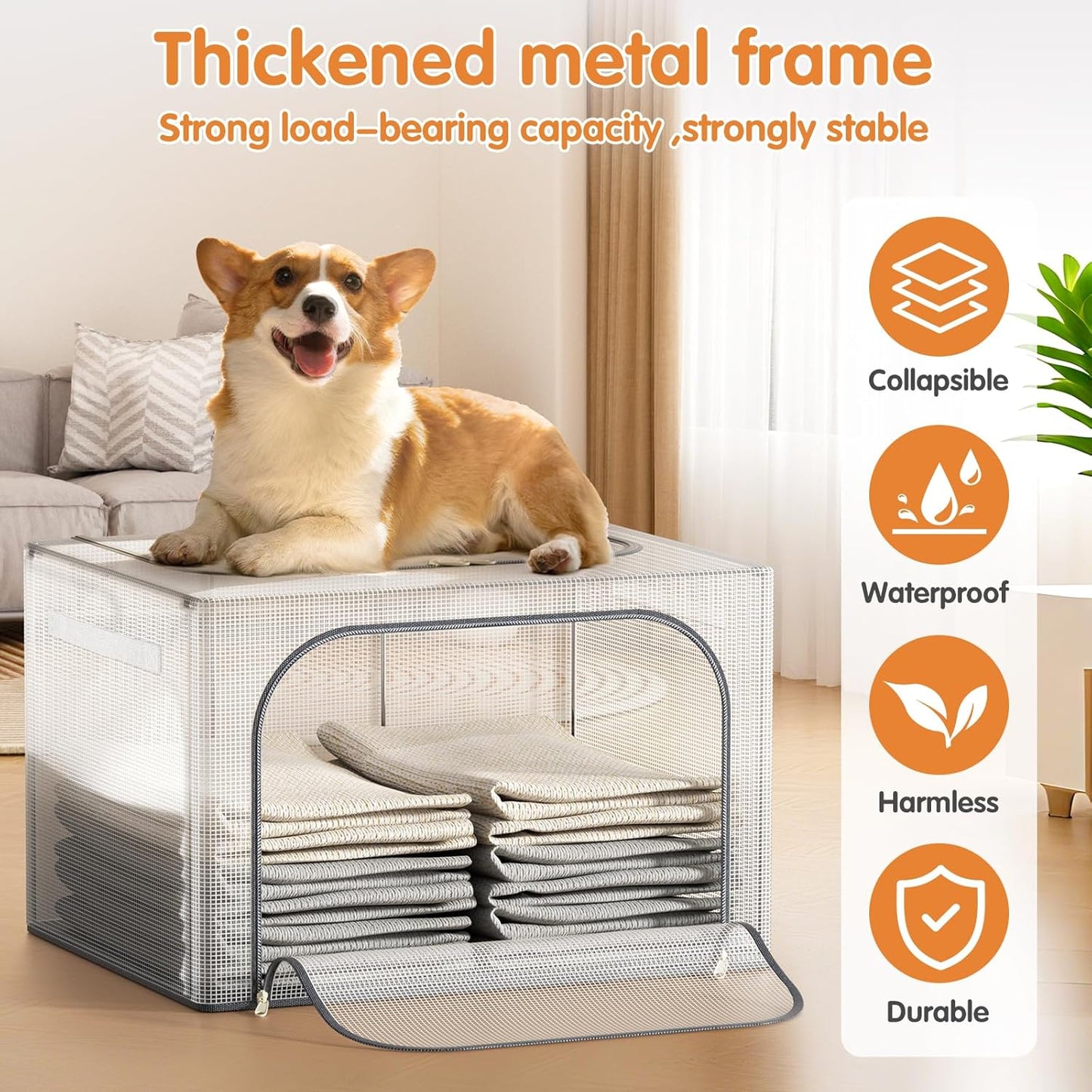 Large Size 66L 3 Pack Clothes Storage Bin with Metal Frame, Stackable & Foldable Box with Lids, Closet Organizers And Storage For Bedding, Cap, Sweater (Fully Transparent)