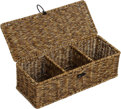 Waterproof Wicker Storage Basket with Lid, Rectangular Tank Woven Baskets with Sections, Decorative Box for Snack Toys Bathroom (Brown)