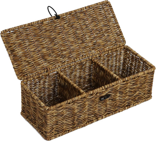 Waterproof Wicker Storage Basket with Lid, Rectangular Tank Woven Baskets with Sections, Decorative Box for Snack Toys Bathroom (Brown)
