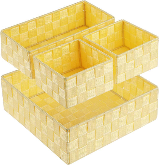 Woven Storage Baskets for Organizing, Small Black Baskets Cube Bin Container Tote Organizer Divider for Drawer, Closet, Shelf, Dresser, Set of 4(Yellow)