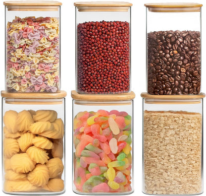 6 Pack Glass Food Storage Jars with Airtight Lids, Clear Glass Jar with Bamboo Lid, Airtight Food Canister for Tea, Candy, Coffee, Sugar, Cookie, Snack. (Square| 5+6 Inch) SET of 3