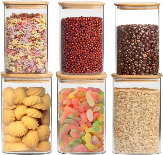6 Pack Glass Food Storage Jars with Airtight Lids, Clear Glass Jar with Bamboo Lid, Airtight Food Canister for Tea, Candy, Coffee, Sugar, Cookie, Snack. (Square| 5+6 Inch) SET of 3