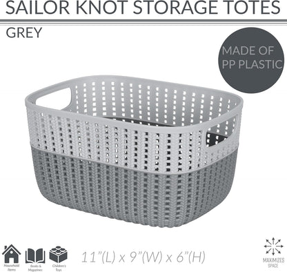 2 Tone Sailor Knot Plastic Storage Tote | Decorative Basket | Closet Organization | De-clutter | Accessories | Toys | Bathroom Organization | Medium | Grey/Grey