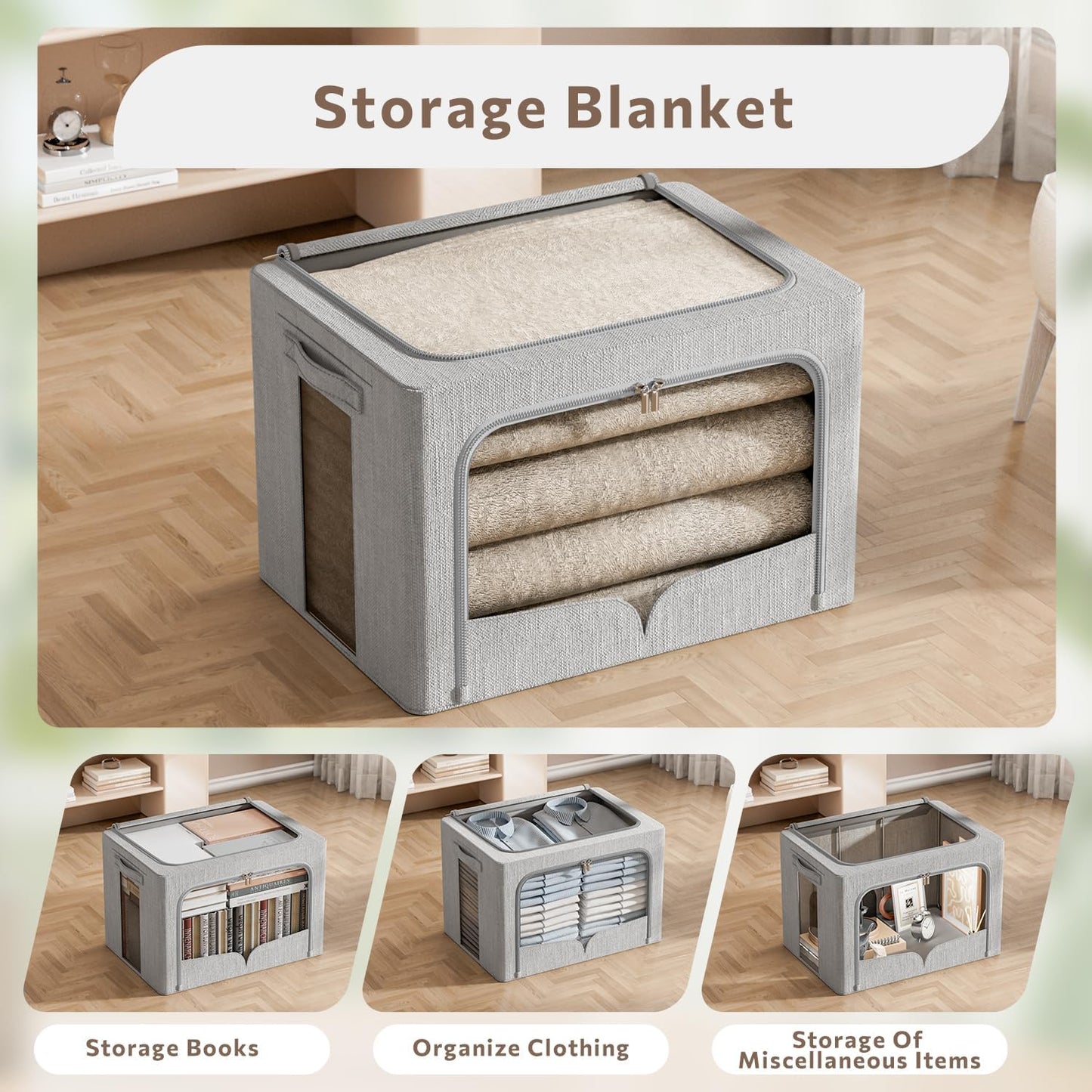 3 Pack Clothes Storage Bins Foldable Metal Frame Storage Box Stackable Linen Fabric Organizer Set with Carrying Handles and Clear Window (Light Gray, 15.7x11.8x11.8inch(36L))