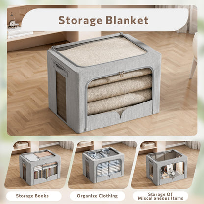 3 Pack Clothes Storage Bins Foldable Metal Frame Storage Box Stackable Linen Fabric Organizer Set with Carrying Handles and Clear Window (Light Gray, 15.7x11.8x11.8inch(36L))