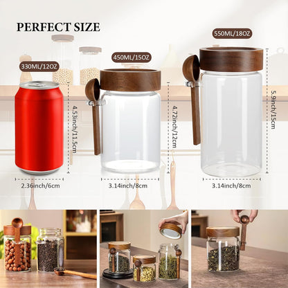 15 oz/450 ml Glass Storage Canister with Airtight Wooden Lid, Clear Small Decorative Container Jar with Spoon for Salad Overnight Oats Snacks Yogurt Cereal Fruit Spice Sugar Coffee - 4 Pack