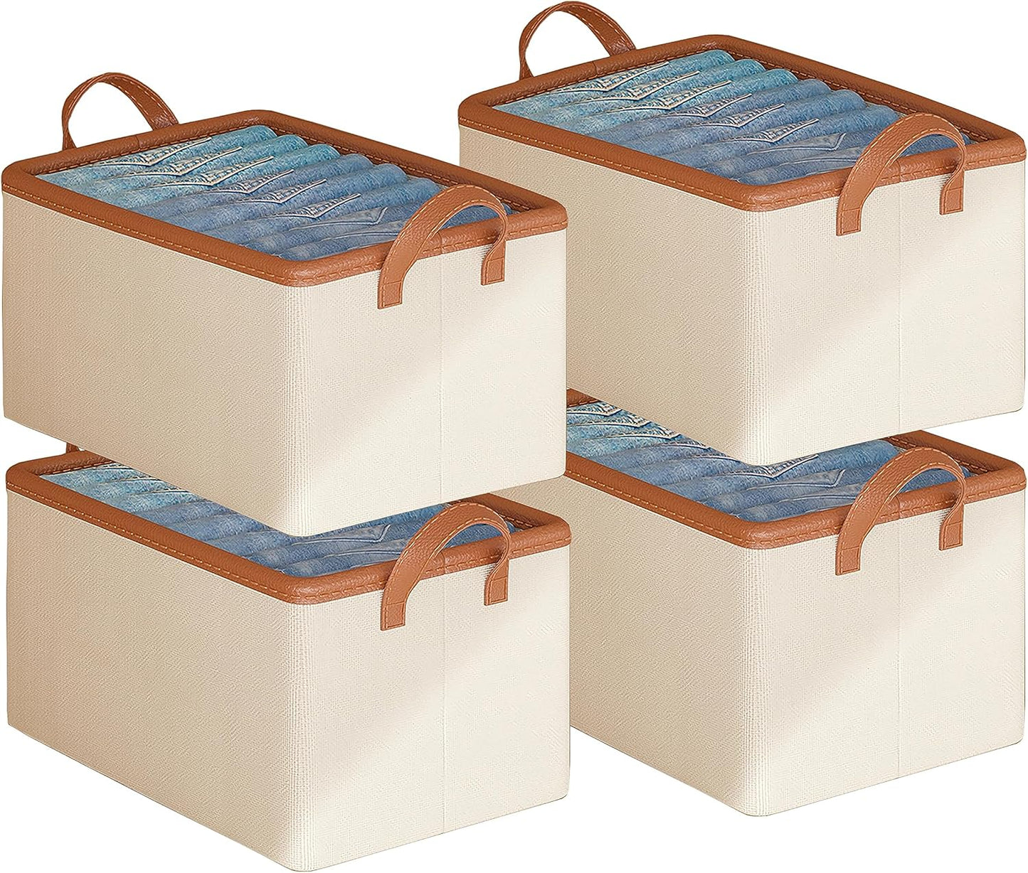 4 Pcs Closet Clothes Organizer with Handle, Fabric Storage Bins with Metal Frame Closet Shelf Storage Baskets Foldable Wardrobe Storage Box for Sweater Jeans, 20L (4 White)