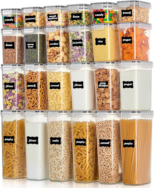 Airtight Food Storage Containers with Lids,  24 pcs Plastic Kitchen and Pantry Organization Canisters for Cereal, Dry Food, Flour and Sugar, BPA Free, Includes 24 Labels，Black