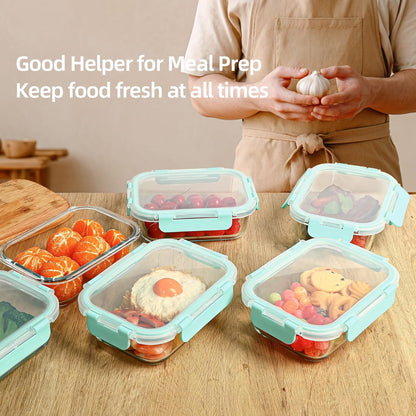 10 Set Glass Food Containers with Airtight Lids,22Oz Leak Proof Glass Meal Prep Containers Set for Adults,Microwave,Oven,Freezer,Dishwasher Safe,Kitchen Organization,Bento Lunch Boxes,Mint