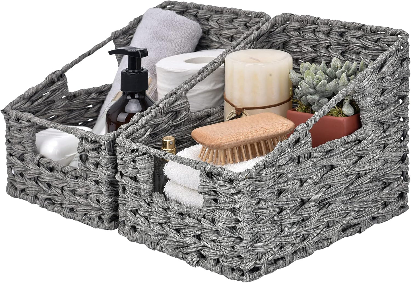 Wicker Basket with Handles, Odorless Woven Trapezoid Basket Waterproof for Organizing, Decorative Storage Wicker Baskets for Storage Photo Books, Gray, 2-Pack