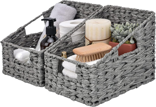 Wicker Basket with Handles, Odorless Woven Trapezoid Basket Waterproof for Organizing, Decorative Storage Wicker Baskets for Storage Photo Books, Gray, 2-Pack