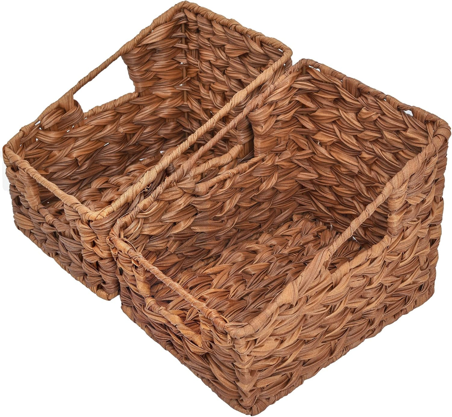 Wicker Storage Baskets for Shelves, Trapezoid Woven Basket with Handles, Waterproof Storage Wicker Baskets for Organizing Pantry Cabinet, Caramel Orange, 2-Pack