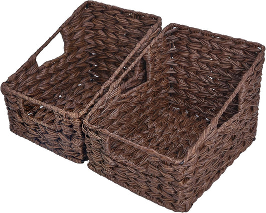 Wicker Storage Baskets, Waterproof Wicker Basket with Handles, Trapezoid Woven Storage Bins for Organizing, Decorative Basket, Brown, 2-Pack